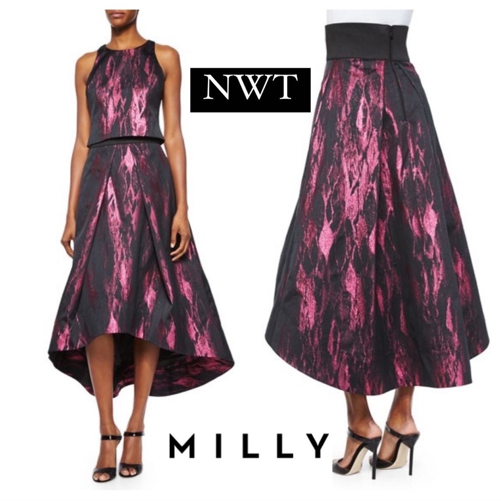 MILLY High Low Tucked Ball Maxi Skirt Fuchsia Pink Metallic Sz 2